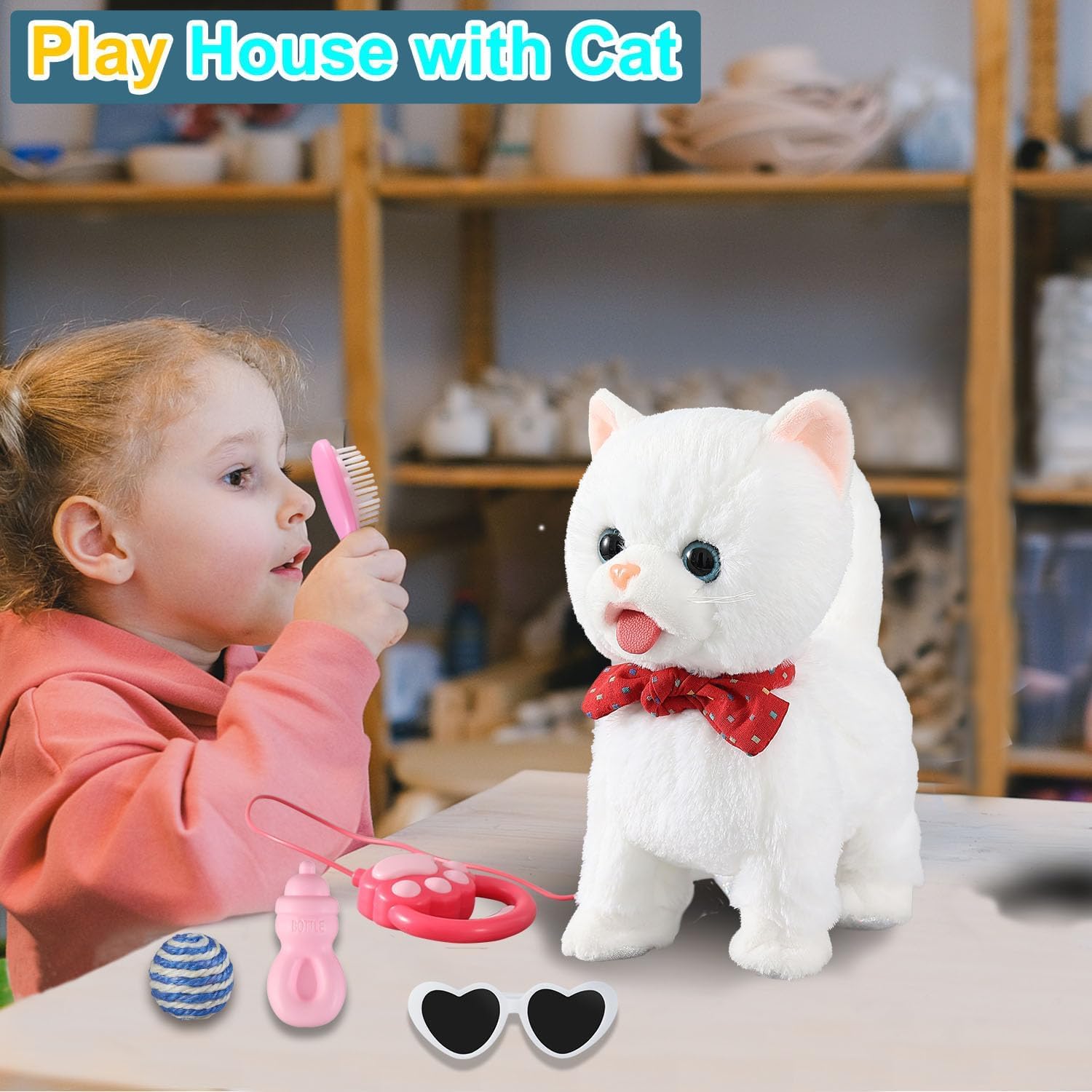 Marsjoy White Leash Walking Cat Set Interactive Talking Cat Singing Dancing Kitten Mimicking Repeat What You Say Kitty Touch and Voice Control Nodding Wagging Tail Plush Electric Kitty for Kid Girl - Image 2