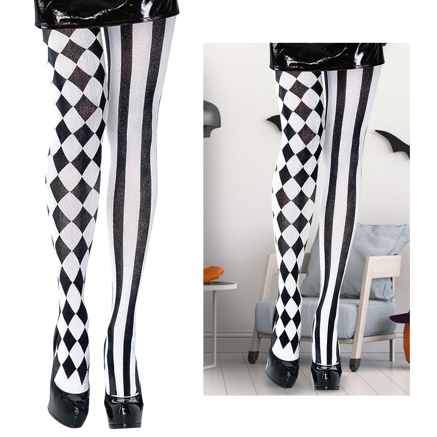 Bohue Black White Plaid Knee-High Long Socks Fancy Dress Stockings Cosplay Socks Ladies Checkered Black and White Tights for Halloween Party Decorations - Image 2