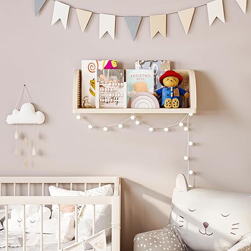 Miniatura 6 de Estante de pared de ratán de madera, estantes colgantes de 16 pulgadas de largo, estantes naturales montados en la pared, estantes de pared