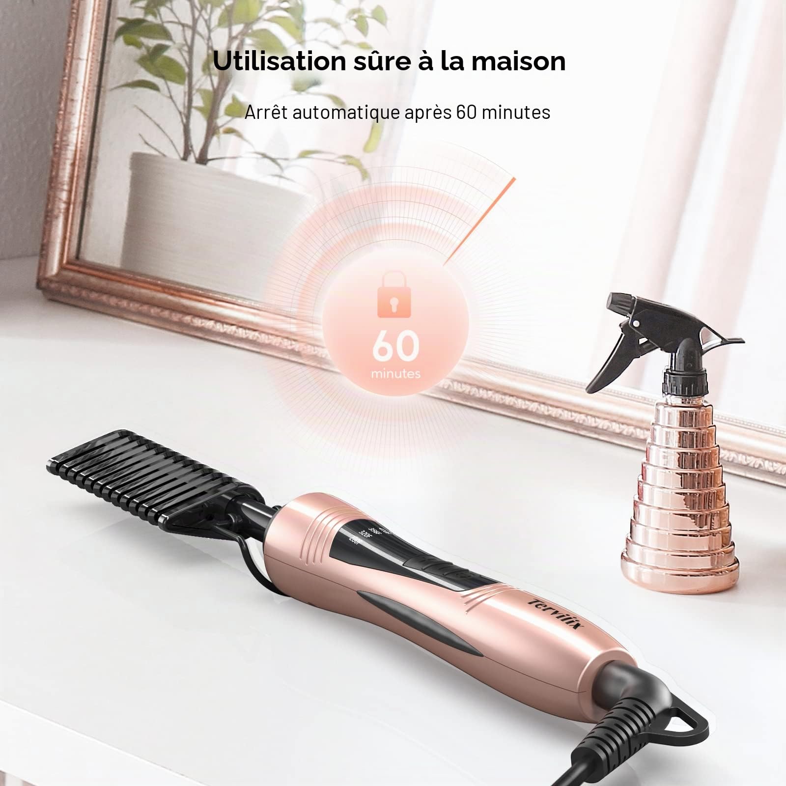 Peigne Chauffant pour Perruques, Peigne à Lisser, fer à Lisser pour Cheveux Afro et Barbe, Température Réglable, Double Tension, Arrêt Automatique