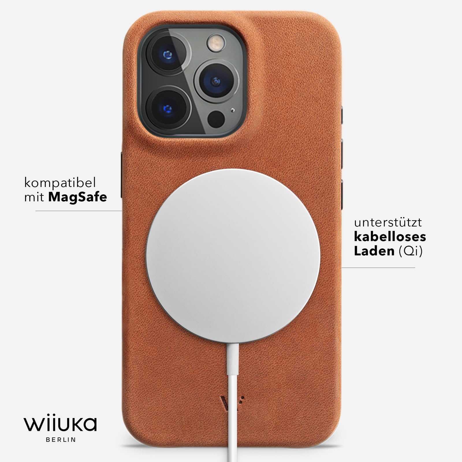 WIIUKA Funda para iPhone 15 Pro, Piel de Alemania Extrafina, Premium para Teléfono Móvil, Qi, Vintage, Marrón Coñac