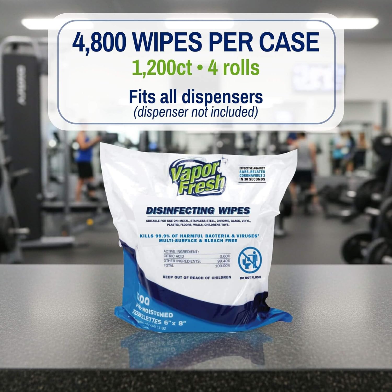 Vapor Fresh Disinfecting Wipes - 1200 Count x 4 Rolls (4,800 Total Wipes) Plant Powered Commercial Grade Disinfectant For Gym Equipment, Fitness Studios, Spas - Free of Quats - Bulk Refill Rolls