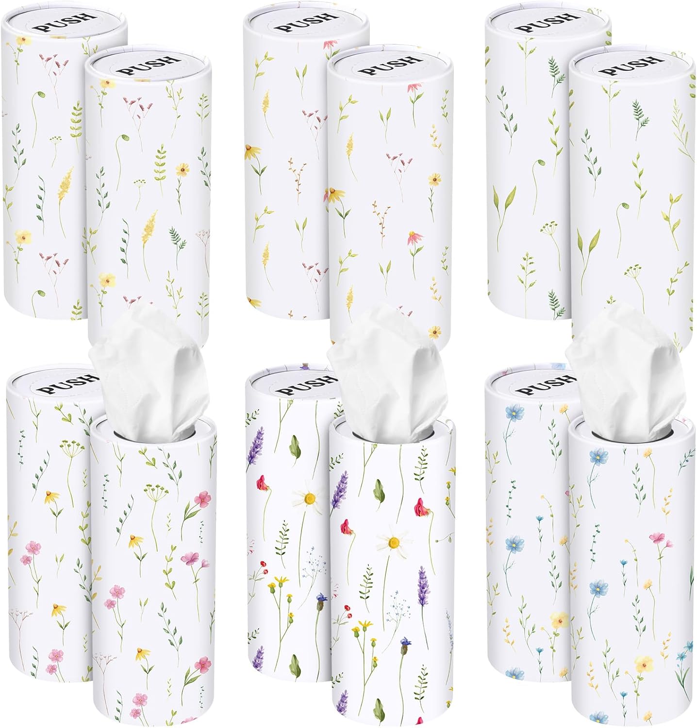 Outus 12 Pcs Floral Car Tissue Holder Cylinders with 3 Ply Facial Tissue Bulk, Portable Paper Dispenser for Cup Holder, Travel Bathroom Table Decor, Tissues Boxes Container for Home Office Party