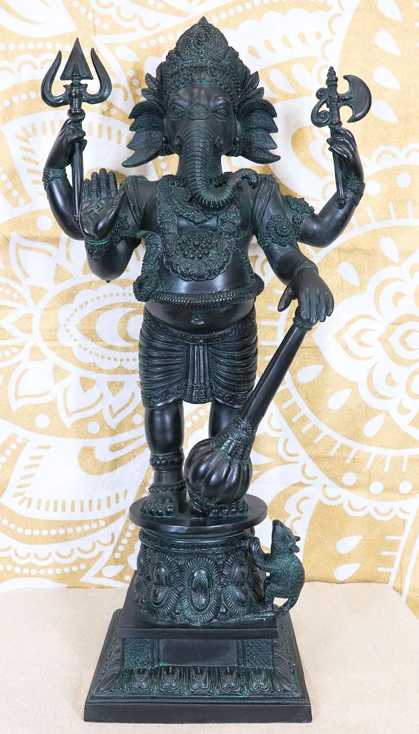 Ebros 21" Tall Large Hindu God Vinayaka Ganesha Chaturthi Valiant Warrior with Gada Mace Axe and Trident Statue Ganapati Elephant Deity Patron of Success and Arts Hinduism Vastu Altar Figurine