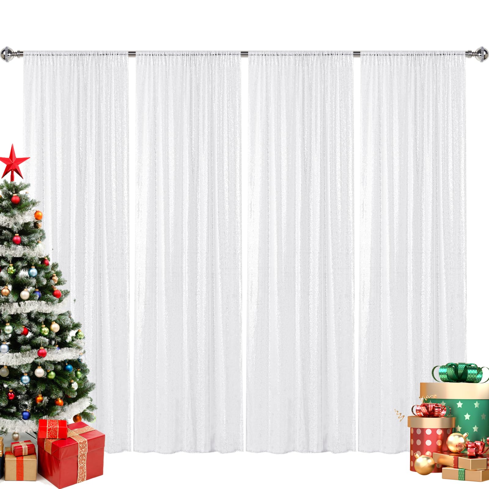 Sugargirl White Sequin Backdrop Curtain 4 Panels 2FTx8FT Glitter White Background Drapes Sparkle Photography Backdrop for Party Wedding Birthday Wall