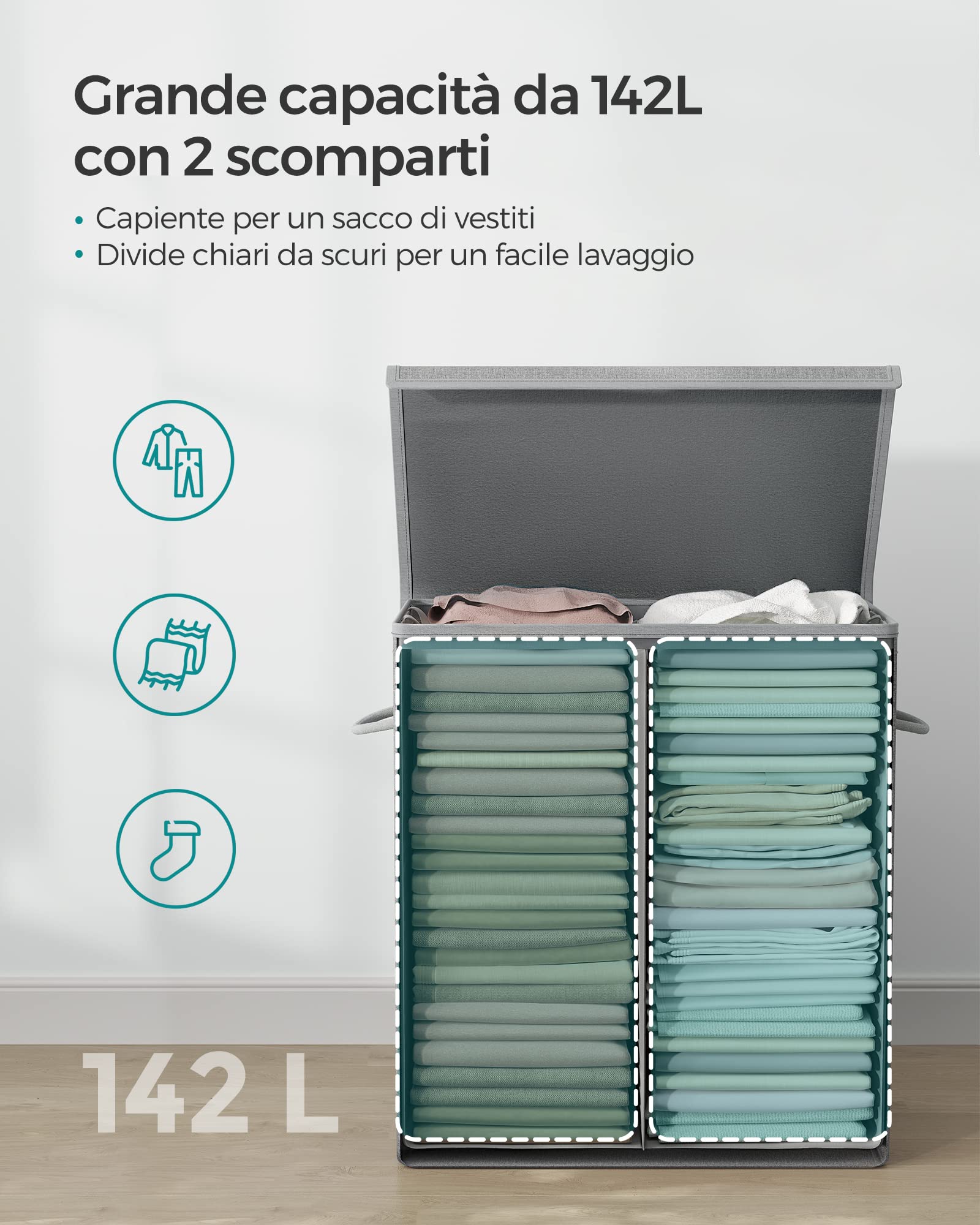 SONGMICS Cesto Portabiancheria, 142L, a 2 Scomparti, Coperchio Magnetico | Cesta Biancheria, in Simil Lino, Pieghevole, Organizza per Tipo, Sacco Rimovibile, Maniglie, Grigio, Collezione TINA LCB02G
