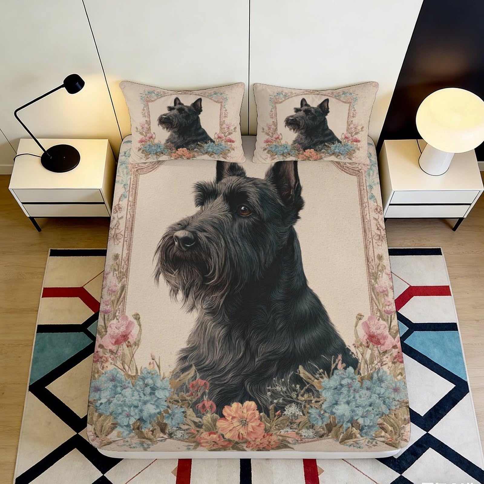 3D Printed Black Scottish Terrier Fitted Sheet Microfiber Floral Art Bed Cover for Bedroom Dorm Mattress Protection 120x200x25cm