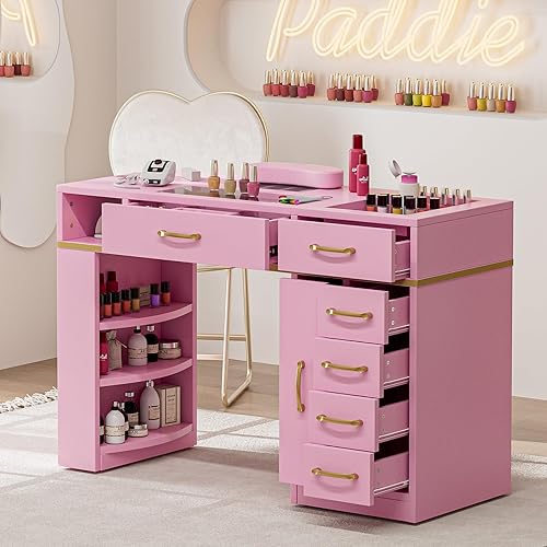 Miniatura 2 de Paddie Estación de mesa de manicura, escritorio de manicura de belleza de uñas para tecnología de uñas con ventilación eléctrica descendente,