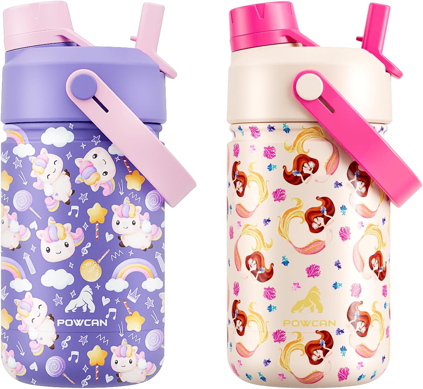 POWCAN 2 Pack 12 oz Kids Insulated Water Bottle for School: Leakproof, 2-in-1 Straw Spout Lid, BPA-Free, Keep Cold 24 Hrs, Stainless Steel Cup for Sports, Travel, Gift for Girls Boys Daughters Sons