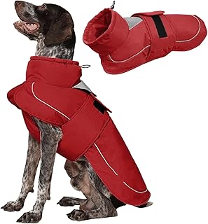 Kuoser Hundemantel Hundejacke, Wasserdichter Wintermantel für Hunde, Verstellbarer Kragen mit Kordelzug, Reflektierend & Sicher, Rot XL