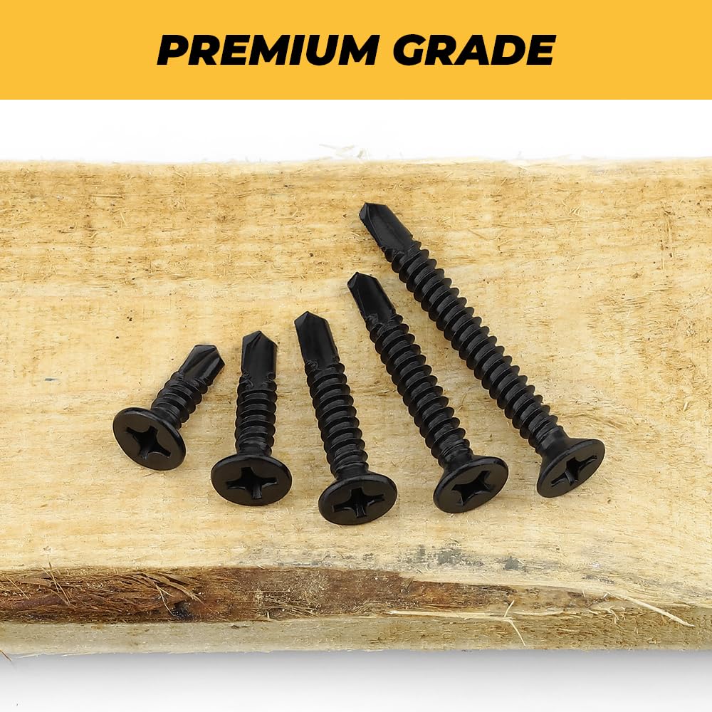 150-pack #6 x 1 Phillips Flat Head Sheet Metal Screws Black, Quick Self Tappers for Wood/Sheet Metal/Plastic, Stainlesss Steel 410, Black-Coated, Rust-Resistant, Bit Included