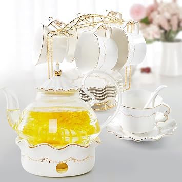 DUJUST Luxury Tea Set of 6 with Teapot, Cups and Saucers - 8.5 OZ, Fairy-Designed Teapot with Warmer, Relief Printing Coffee Cups, British Royal Porcelain Tea Party Set - White