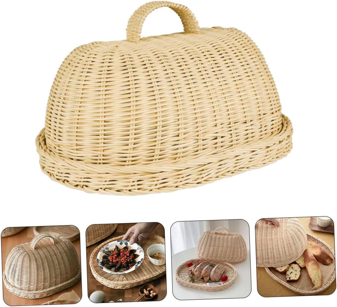 VICASKY Rattan Food Protective Cloche for Fruit and Bread Woven Kitchen Storage Basket Dustproof and Khaki