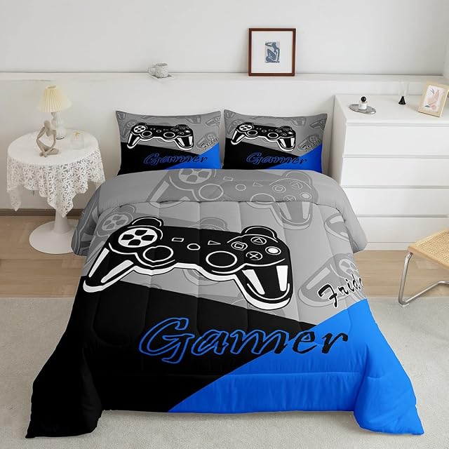 Loussiesd Gaming Comforter for Boys Teen Video Game Bedding Set for Kids Gamer Comforter for All Season Gamepad Home Decor for Comforter Set Single,1 Comforter with 1 Pillowcase Blue Black Grey