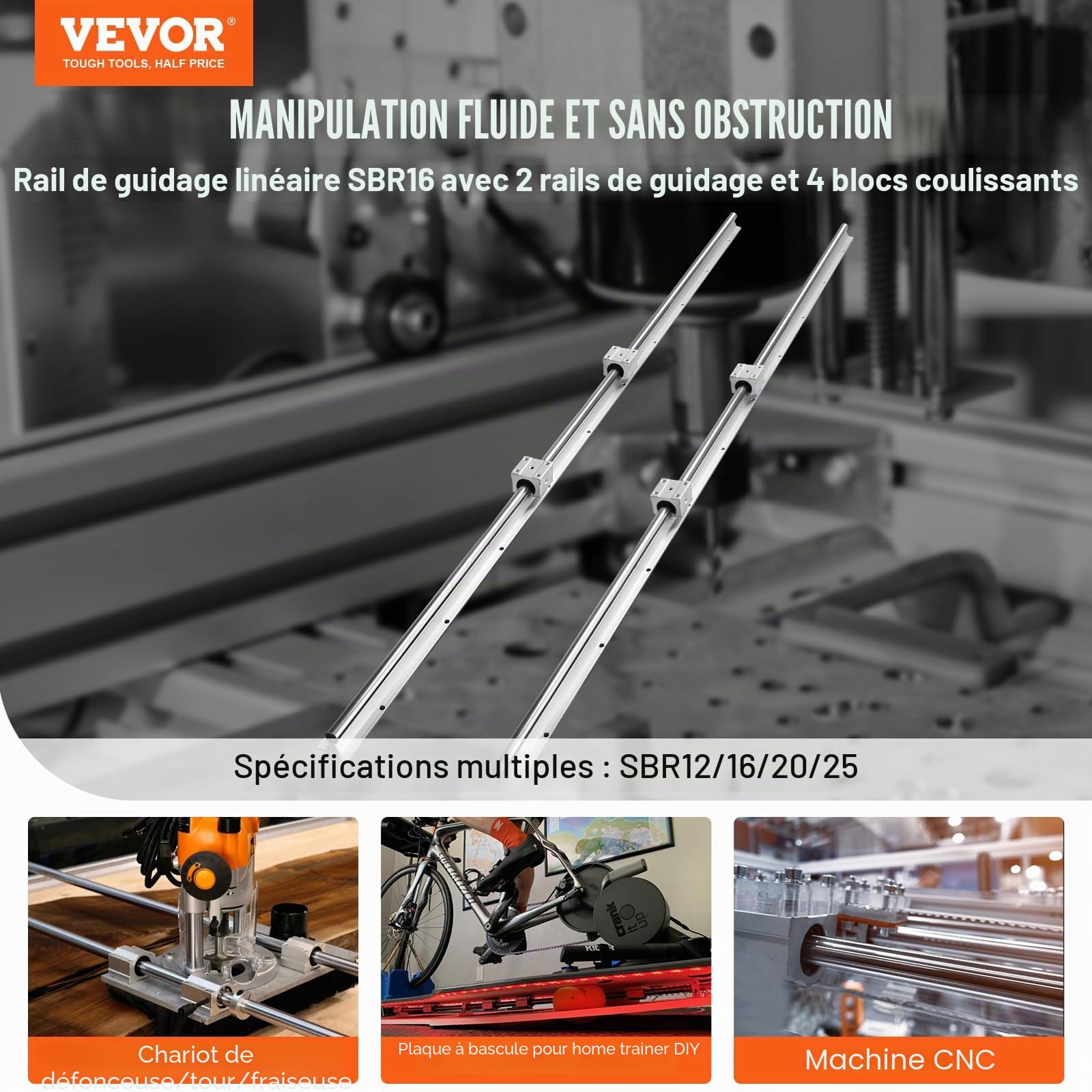 VEVOR Rail de Guidage Linéaire SBR16 1500 mm 2PCS Rails Linéaires 1500 mm 4PCS Blocs Roulement SBR16UU Kit Glissières à Roulement Linéaire pour Machines Automatisées Routeurs CNC Tours Imprimante 3D