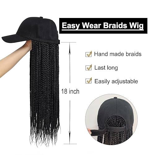 Miniatura 5 de Yunkang Peluca de gorra de béisbol, extensiones de cabello trenzado con sombrero, peluca de color negro con cabello trenzado de 18 pulgadas de largo