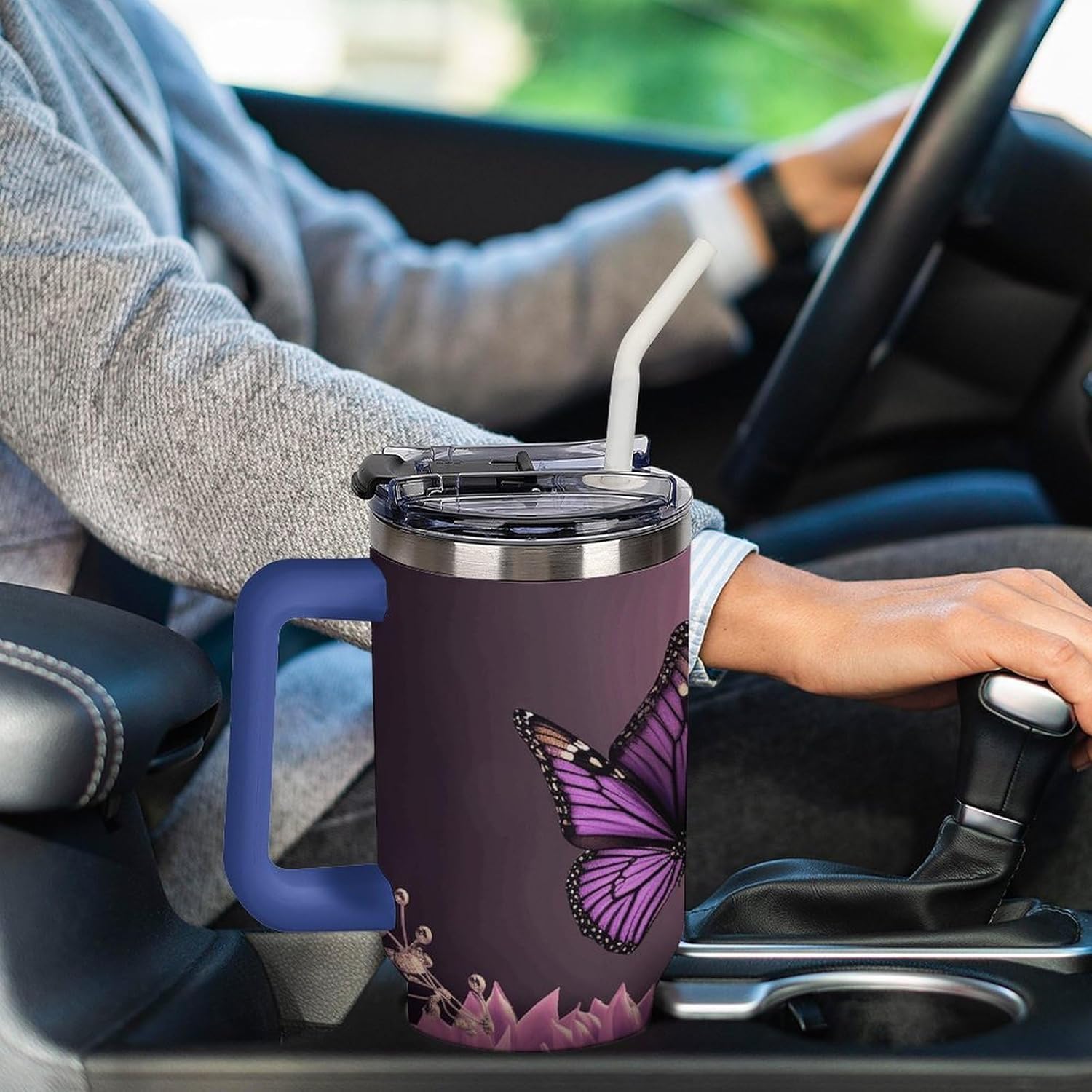 Flowers And Purple Butterfly Travel Coffee Mug Reusable Durable Stainless Steel Insulated Tumbler with Handle And Straw Leak Resistant Portable Thermal Cup Gifts for Men Women 40 Oz