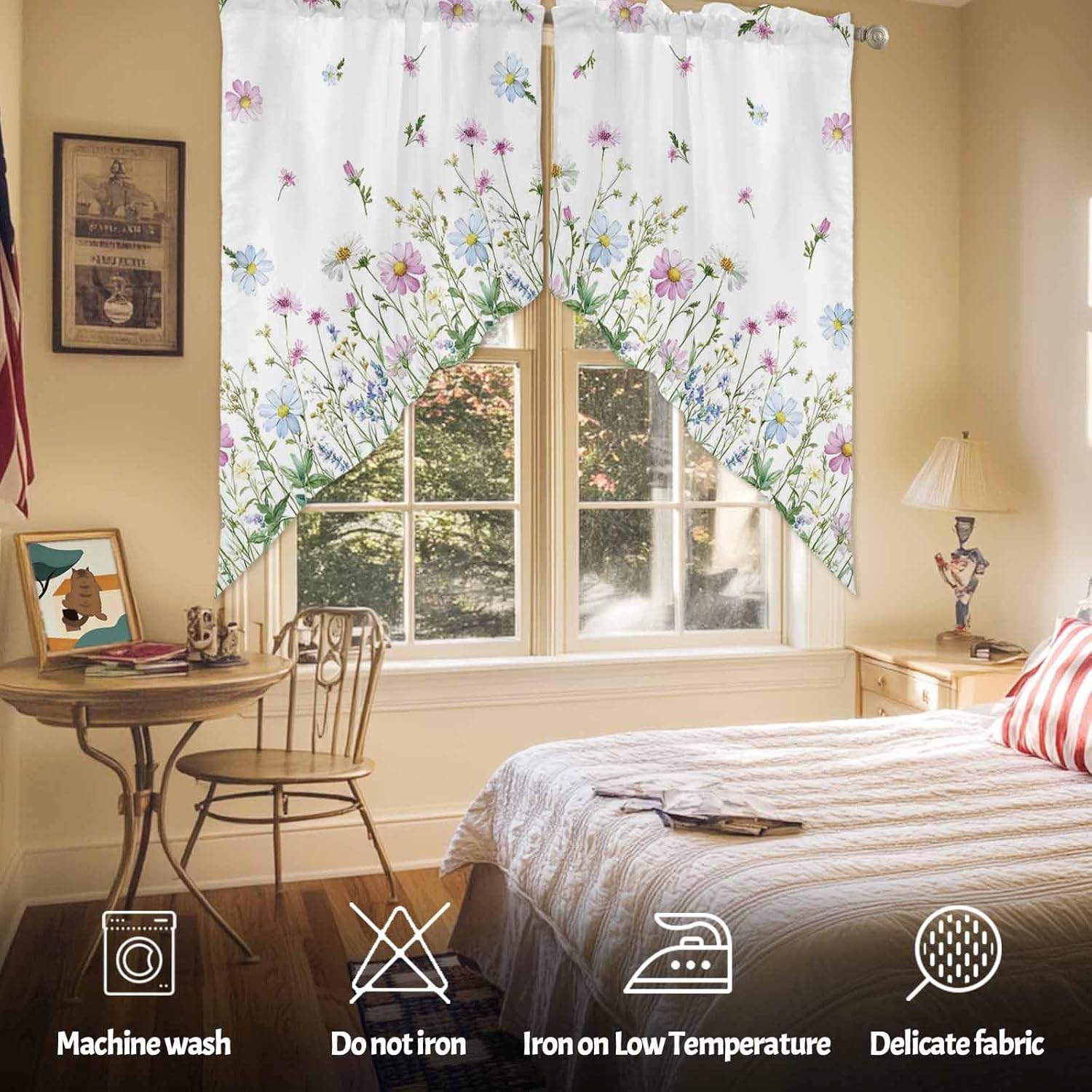 Flroal Botanical Swag Curtain,Pastoral Watercolor Flower Kitchen Valances Rod Pocket Curtains Tier Pair Swag Topper,White 2 Panels Window Treatment for Bathroom Living Room Bedroom