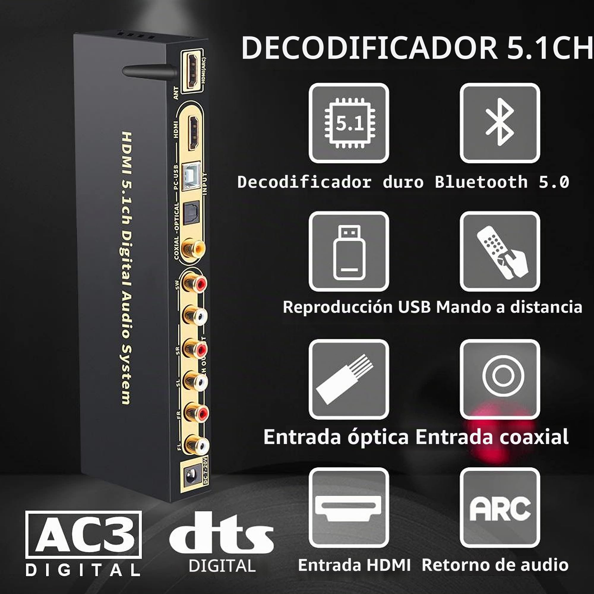 Decodificador Convertidor De Audio HDMI 5.1 DAC DTS AC3 FLAC Ape 4K * 2K HDMI a HDMI Extractor Convertidor Divisor Digital SPDIF ARC