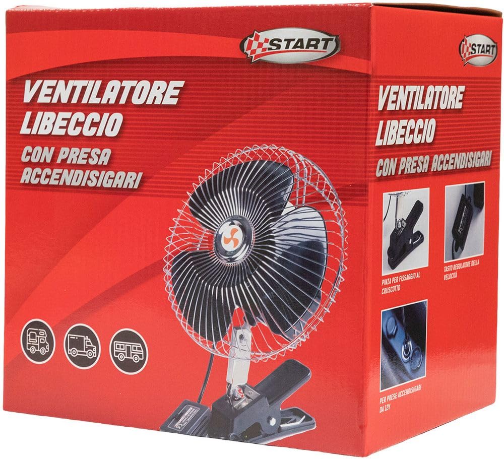 Start Ventilatore Libeccio con Griglia Cromata - 12V e 16W - 2 funzioni, Potente e Silenzioso, 20cm, Nero