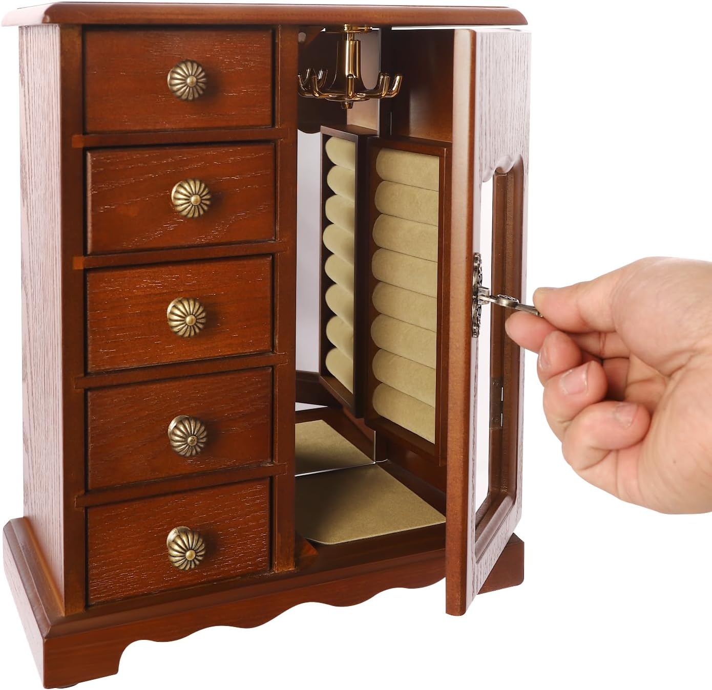 Wooden Jewelry Box, Jewelry Organizer With 5 Drawers Built-in Necklace Carousel and Mirror for Necklaces, Earring, Rings (Dark Wood Color)
