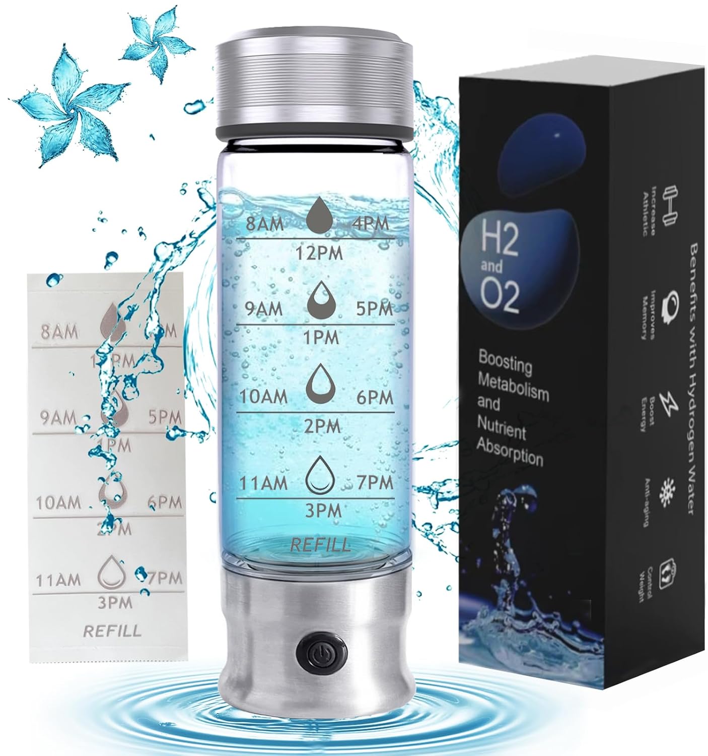 Hydrogen Water Bottle,Hydrogen Water Bottle Generator with Time Reminder Stickers,Rechargeable Portable Glass Hydrogen Water Ionizer Machine for Home Office Travel