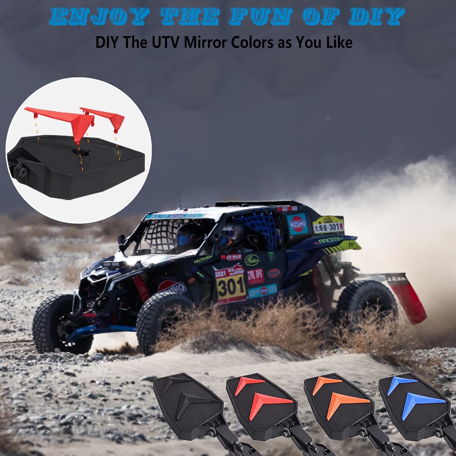 Utv Side Mirrors，UTV Mirrors Fits 1.75-2" Roll Bar Compatible With Polaris Rzr 800 900 1000 Xp Turbo Pioneer Rhino Mule Teryx W,Rear View Accessories Black Orange Blue Red,Adjustable Aluminum Clamp