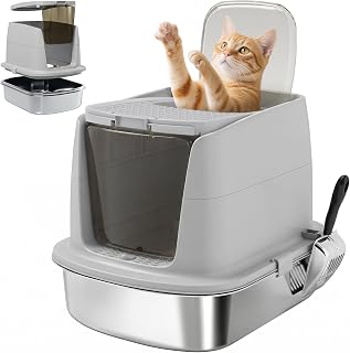 PawHut Katzenklo Edelstahl mit Deckel 52,4 x 41,3 x 39,8 cm XL Katzentoilette mit Haube und Schaufel Tablett Katzentoilette für Katzen bis 6 kg Hellgrau