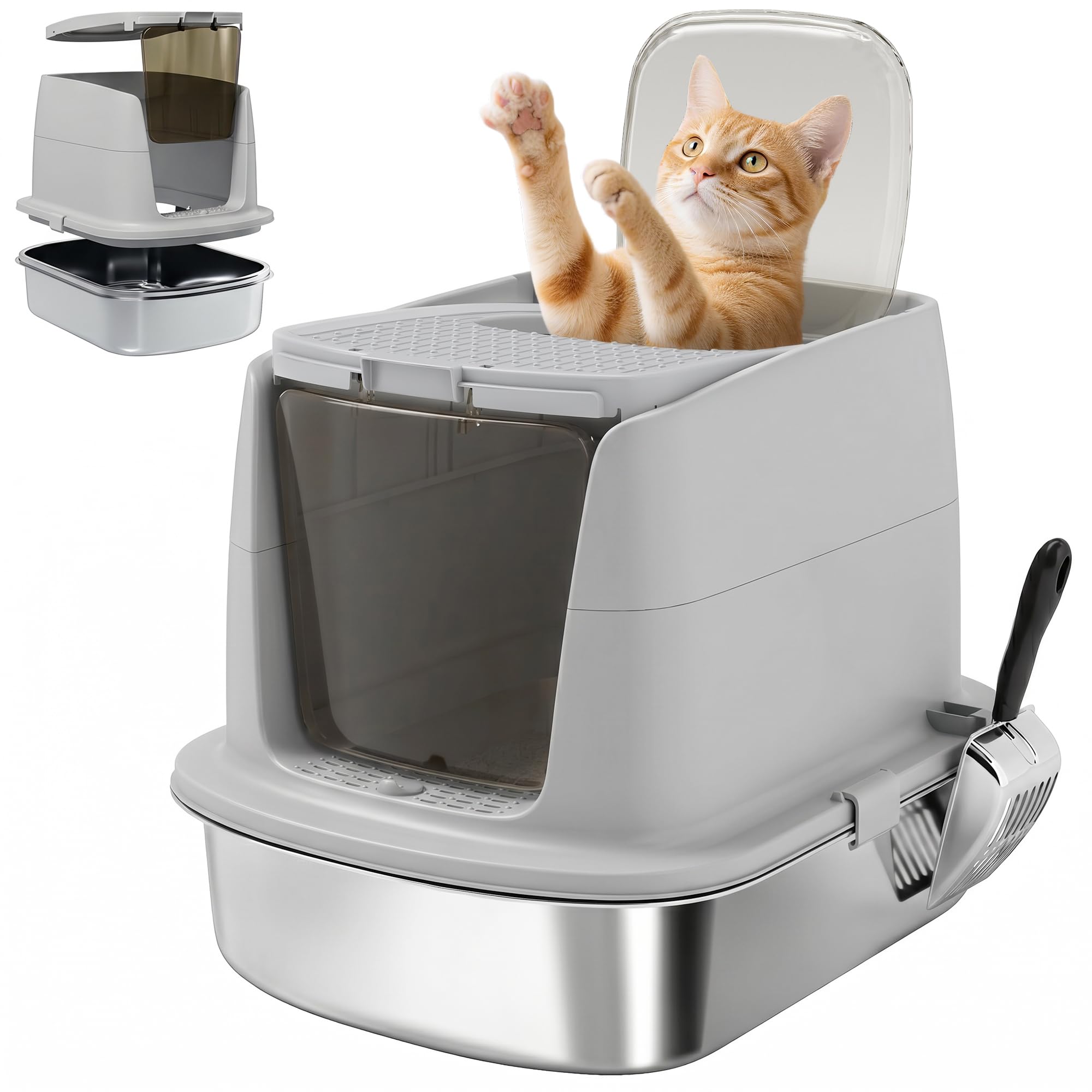 PawHut Lettiera per Gatti Chiusa Acciaio Inox con Pareti Alte Grigio Chiaro | Ribaltabile, Toilette per Gatti, Doppia Porta, Paletta, Antiperdita, Antiodore, Facile da Pulire, 52.4x41.3x39.8 cm