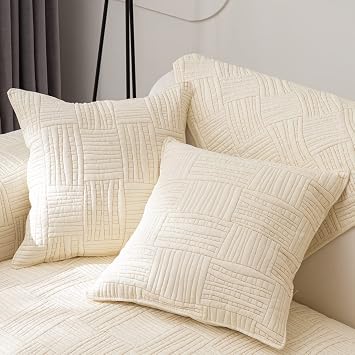 Farmhouse Neutral Embroidered Throw Pillow Cover Set of 2 Cotton Quilted Decorative Square Cushion Covers Pillowcase for Sofa Couch Bed Chair Ivory B,18"x18"