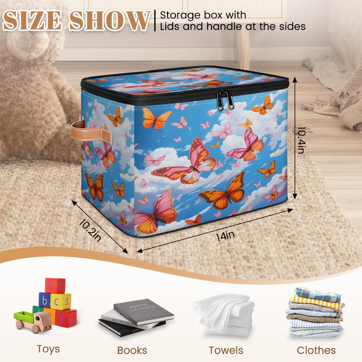 Storage Bin Set of 2 Blue Sky Butterfly Storage Basket with Zipper Lid & Handle Foldable Closet Shelf 2 Pack Cloth Organizer Basket Cube Bins Clothes Organizer for Bedroom, Nursery