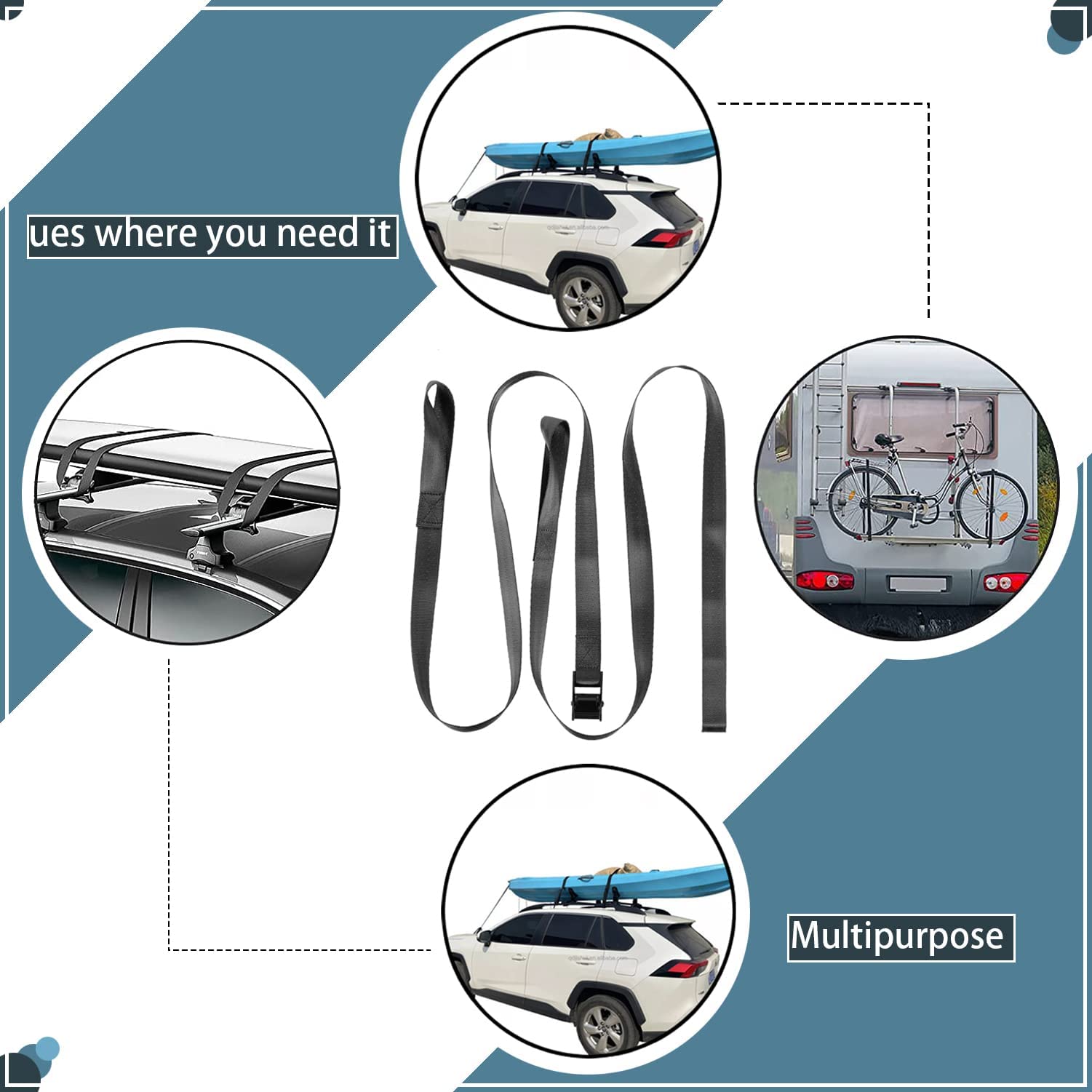 Car Roof Rack Loop Tie Down Straps,Short Cam Buckle Straps for Kayak, Surfboard, Paddle Board, Surf Rack Lashing Strapsl. Longboard, Bodyboard, Truck, Dock,Boat, Trailer,ATV, Dirt Bike and Canoe