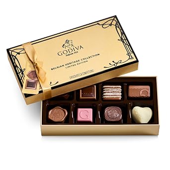 Godiva Chocolatier Heritage Collection 8-Piece Assorted Belgian Chocolate Gift Box Dark, Milk and White Gourmet Chocolates, Elegant Gold Box Ideal for Gifting