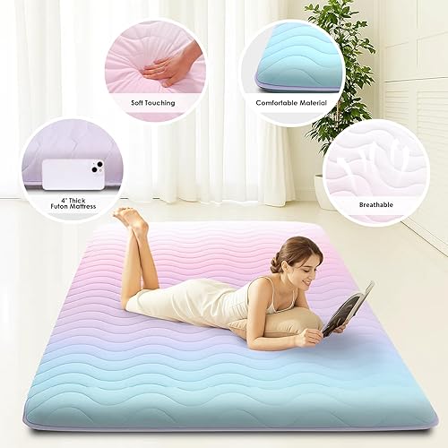 Miniatura 19 de Colchón de Futón Japonés para Suelo, 100% Espuma Cómoda de Alta Densidad, Colchón Plegable Engrosado de 3.5 Pulgadas, Tapete Tatami para Dormir, Gris