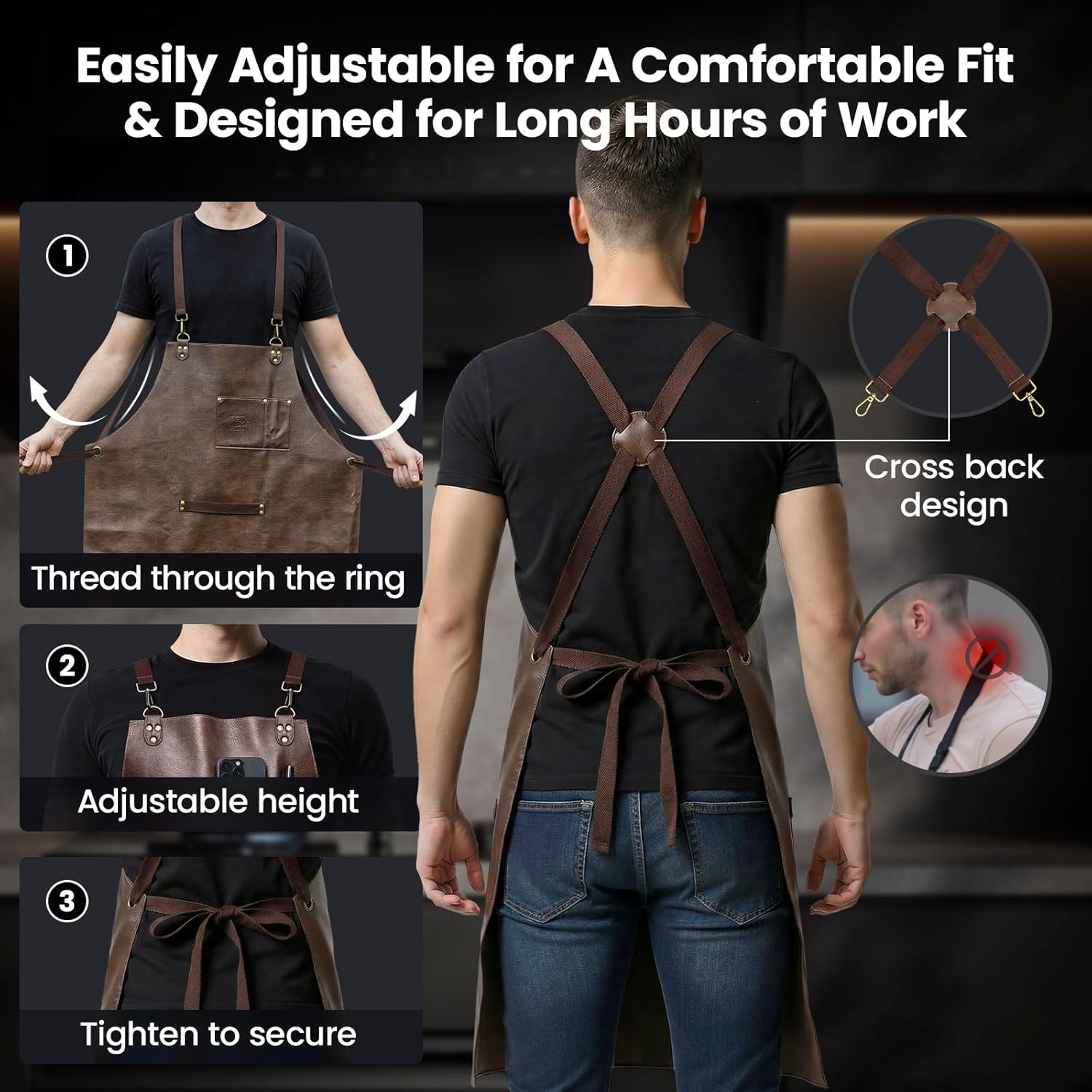 Leather Chef Cooking Apron for Men, Cross Back Apron for All-Day Comfort, Waterproof Apron with Multiple Pockets, Great for Kitchen, Baking, BBQ, Butcher Work or Crafts, Ideal Gift - Image 5