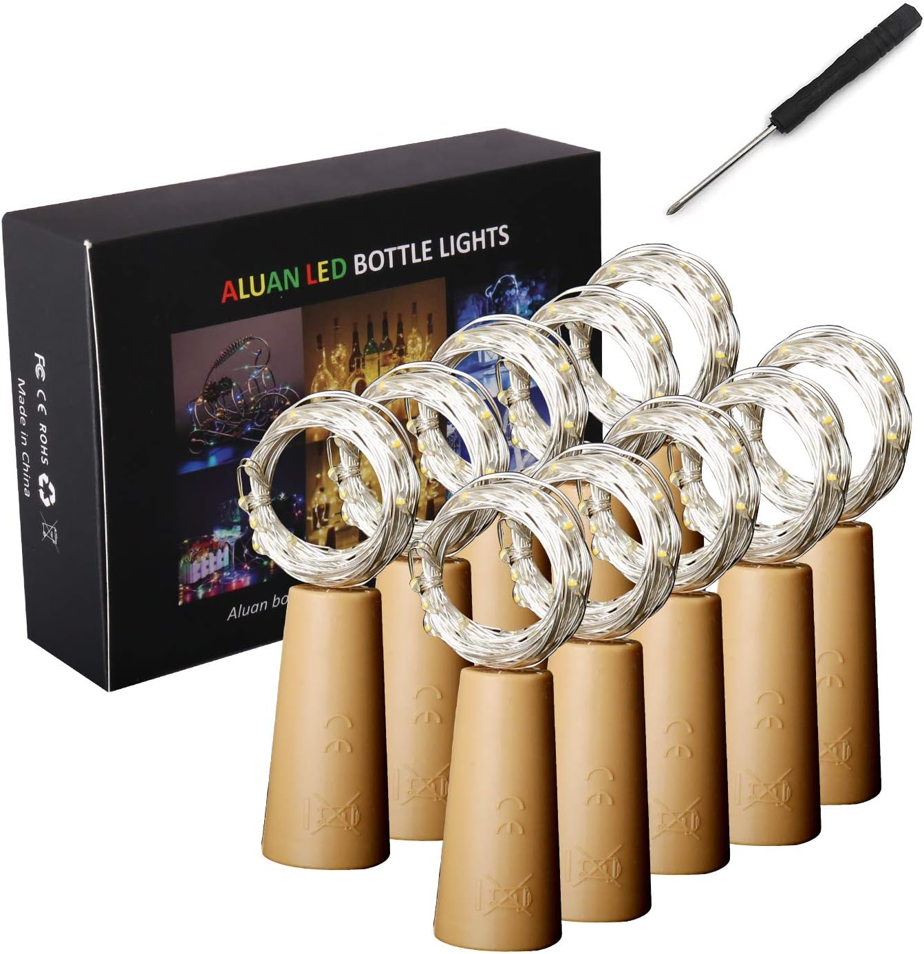 Aluan Wine Bottle Lights 10 Pack 12LED Cork Bottle Lights with Screwdriver Battery Operated Wine Cork Lights String Lights for Party Wedding Christmas Halloween Bar Jar Lamp Decor, Cool White