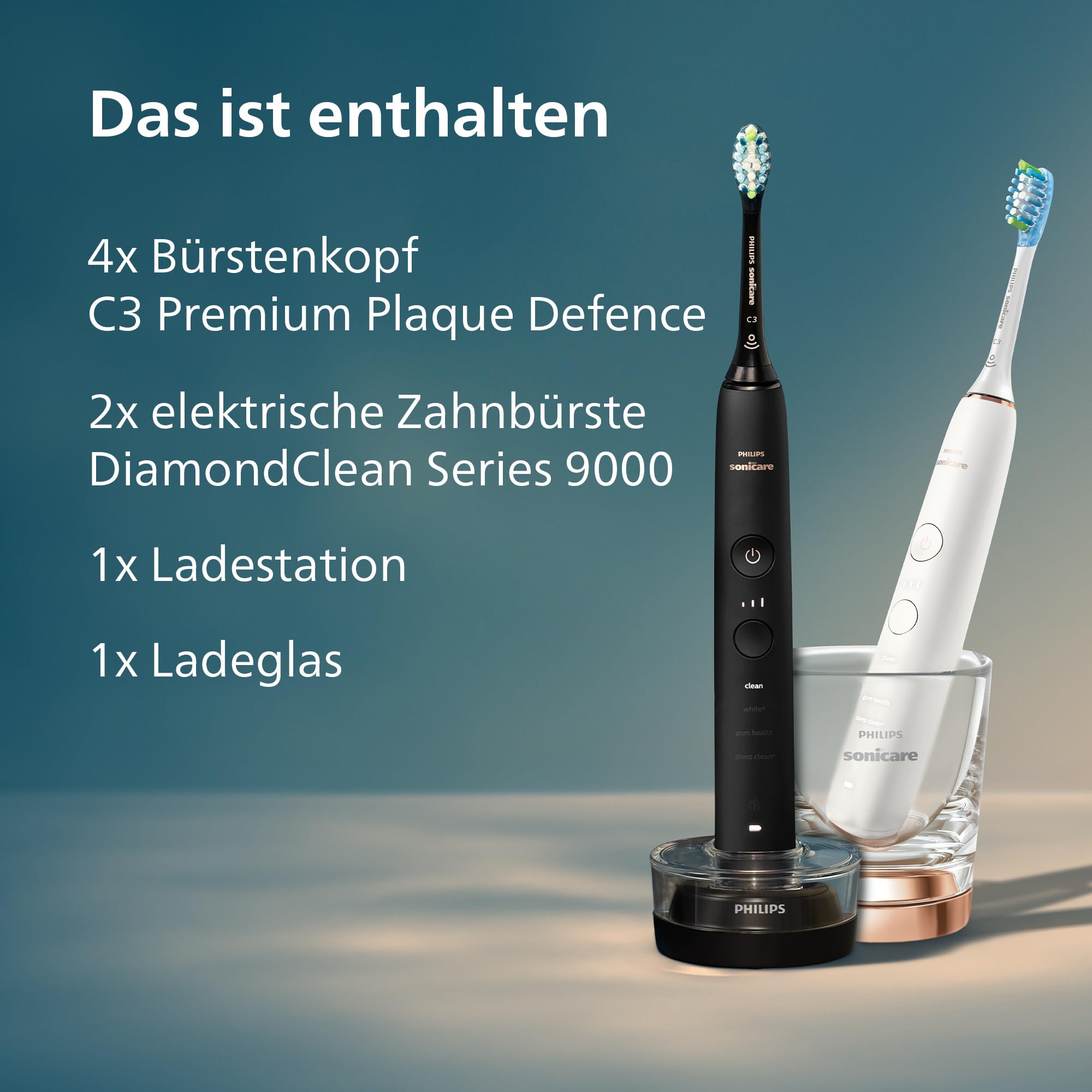 Philips Sonicare DiamondClean 9000 elektrische Zahnbürste, Doppelpack, Schallzahnbürste inklusive App, Drucksensor,4 Putzmodi,3 Intensitätsstufen, schwarz und roségold, Modell HX9914/61
