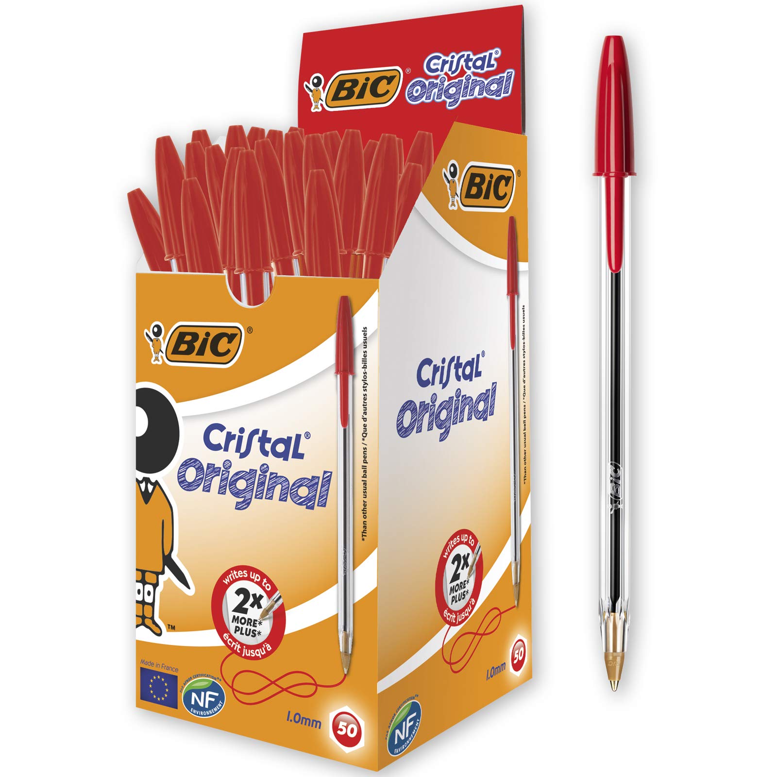 BIC Cristal Original - Bolígrafo (50 unidades, punta media, 1,0 mm), color rojo