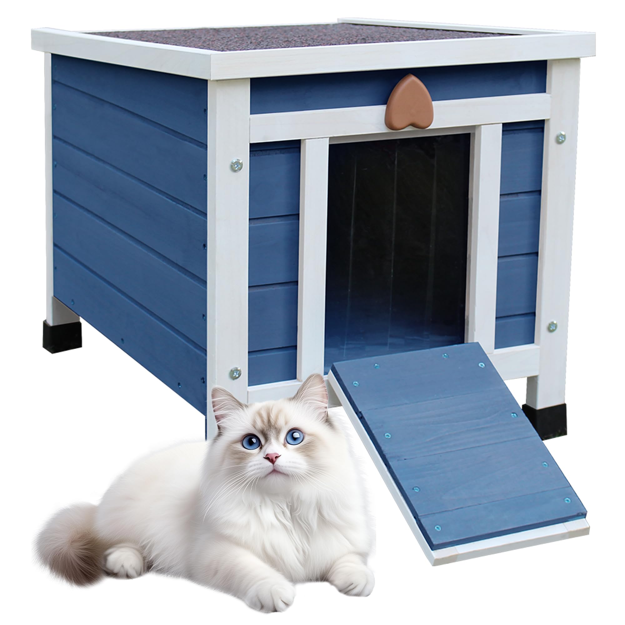 Rockever Outdoor Cat House,Outdoor cat Houses for Feral Cats Weatherproof Rabbit Hutch Small, Wooden Small Pet House and Habitats-Blue