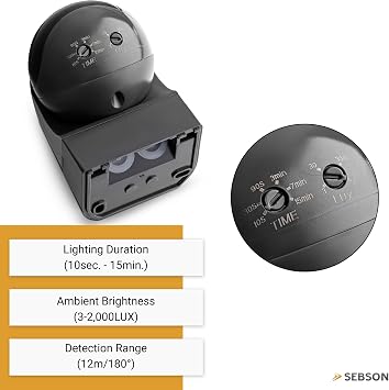 SEBSON PIR Sensor Outdoor IP44 Wall Surface-mounted 12m/180° LED suitable | LED suitable 400W, Programmable Infrared Motion Sensor, 3 IR Sensors Range max. 12m/180°, Swivelling, 3-Wire