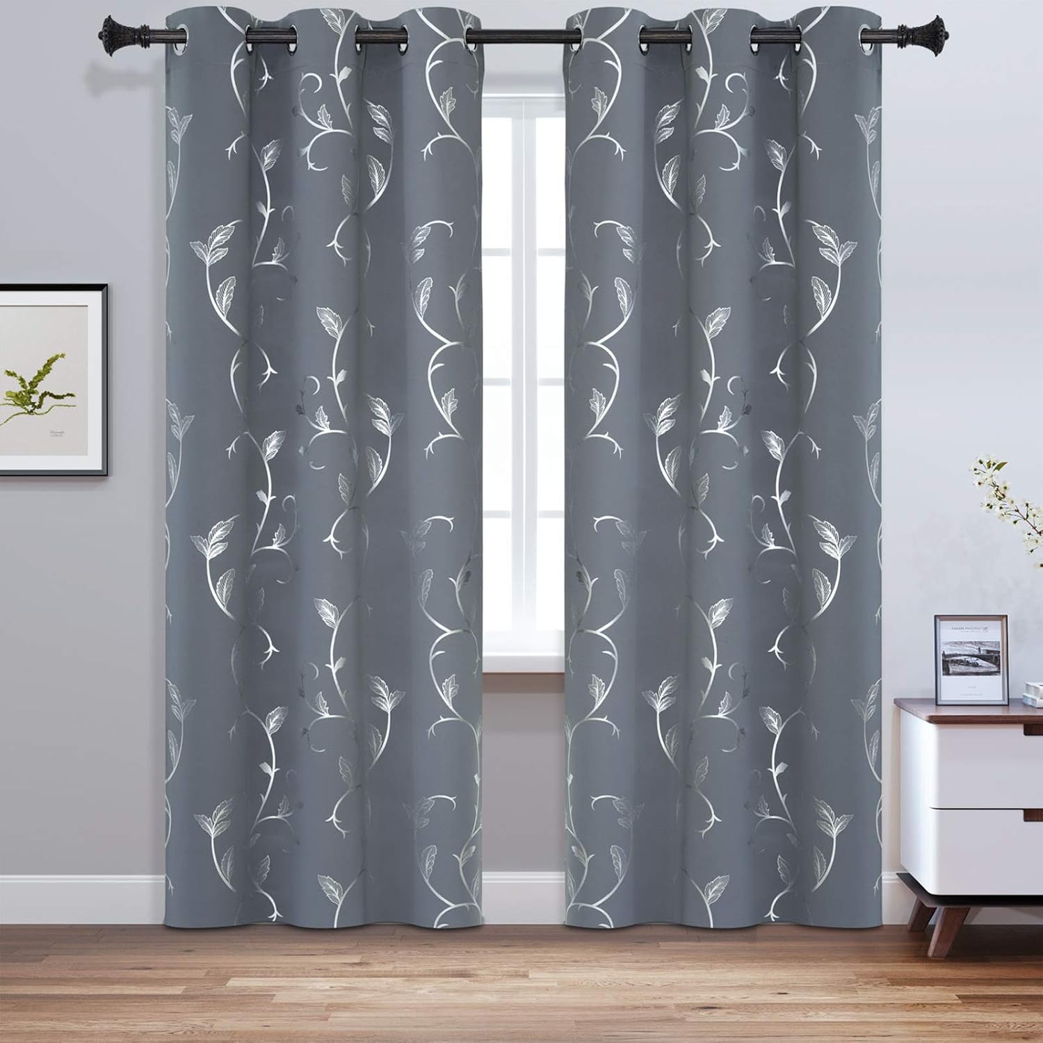 BUHUA Flower Print Blackout Curtains Thermal Insulated Window Curtains Silver Elegant Vine Pattern for Baby Room Light Grey 38W by 63L 2 Panels