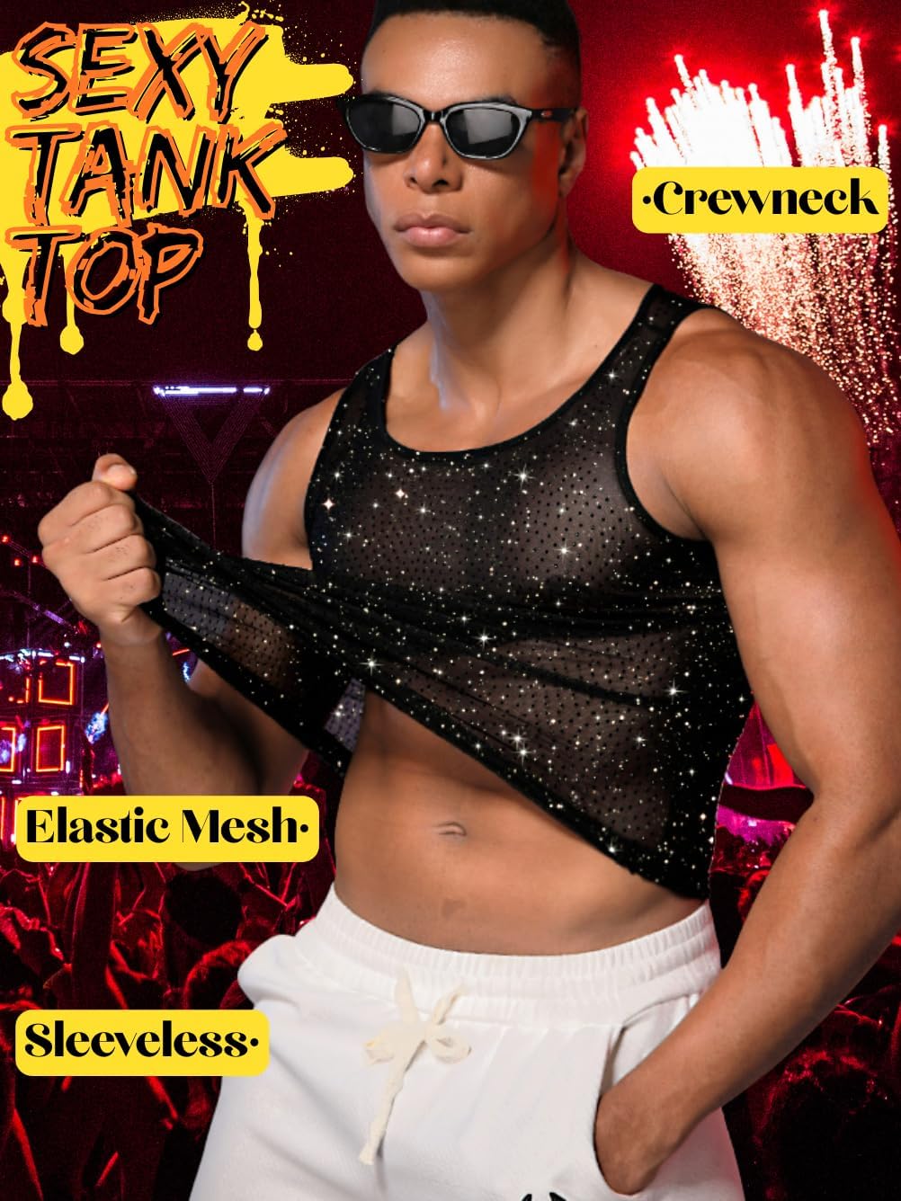 Men's Sparkly Sheer Tank Tops, Rave Festival Rhinestone Outfits, Sexy Mesh Muscle Shirts (Fit Chest 30-40") - Image 4
