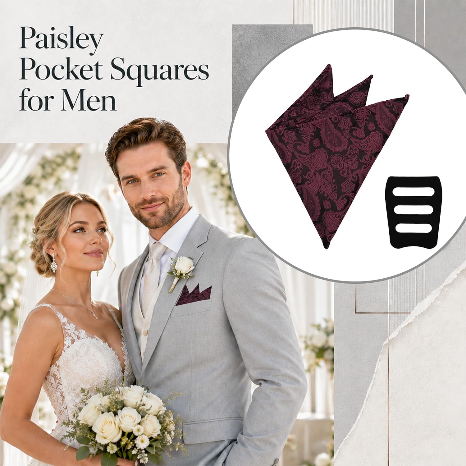 Paisley Pocket Squares for Men 9.6" Handkerchiefs with Holder image 3