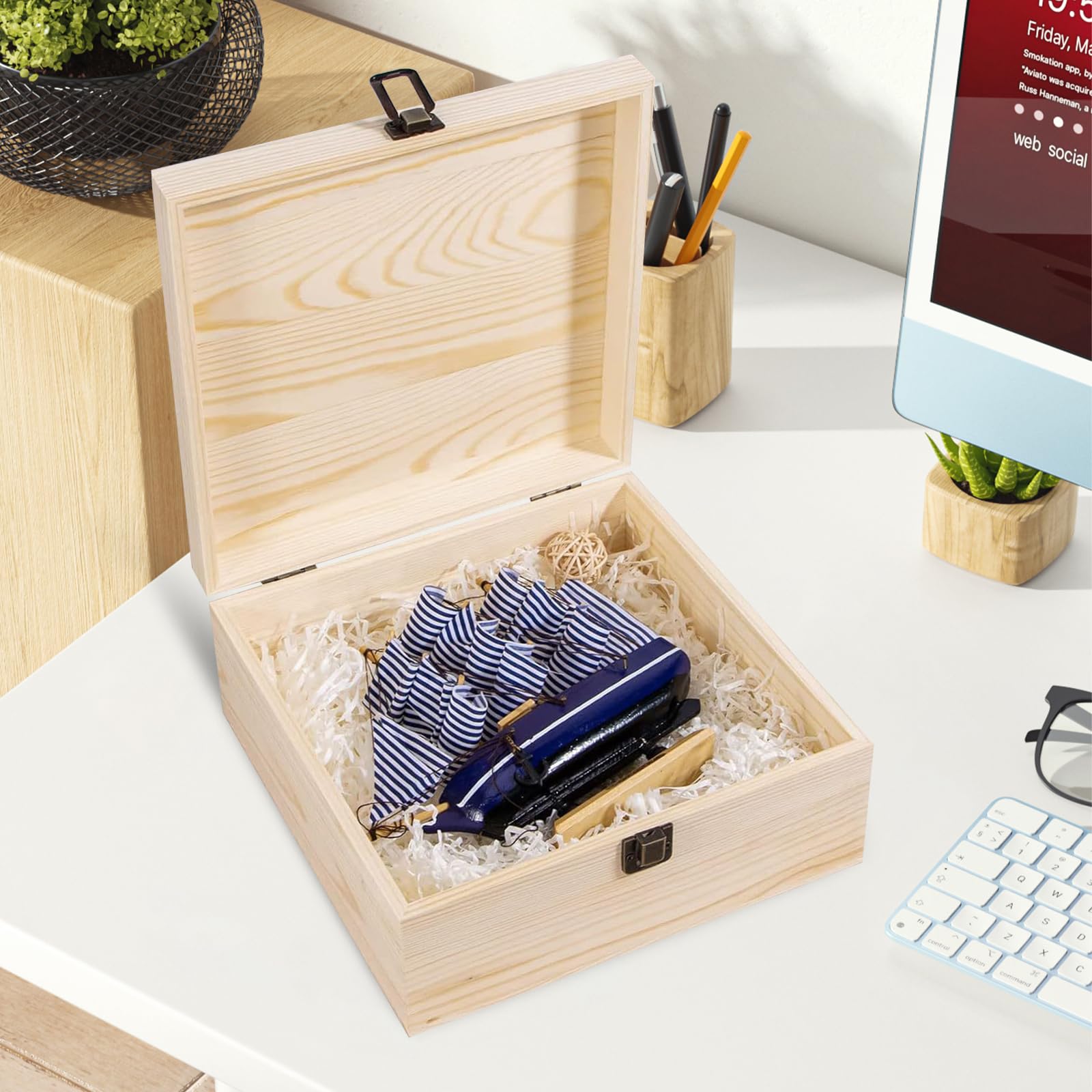 LZYDKH Holzkiste Mit Klappdeckel - Naturholz Aufbewahrungsbox Aus Kiefer, Lackierbar, 23x23x10cm