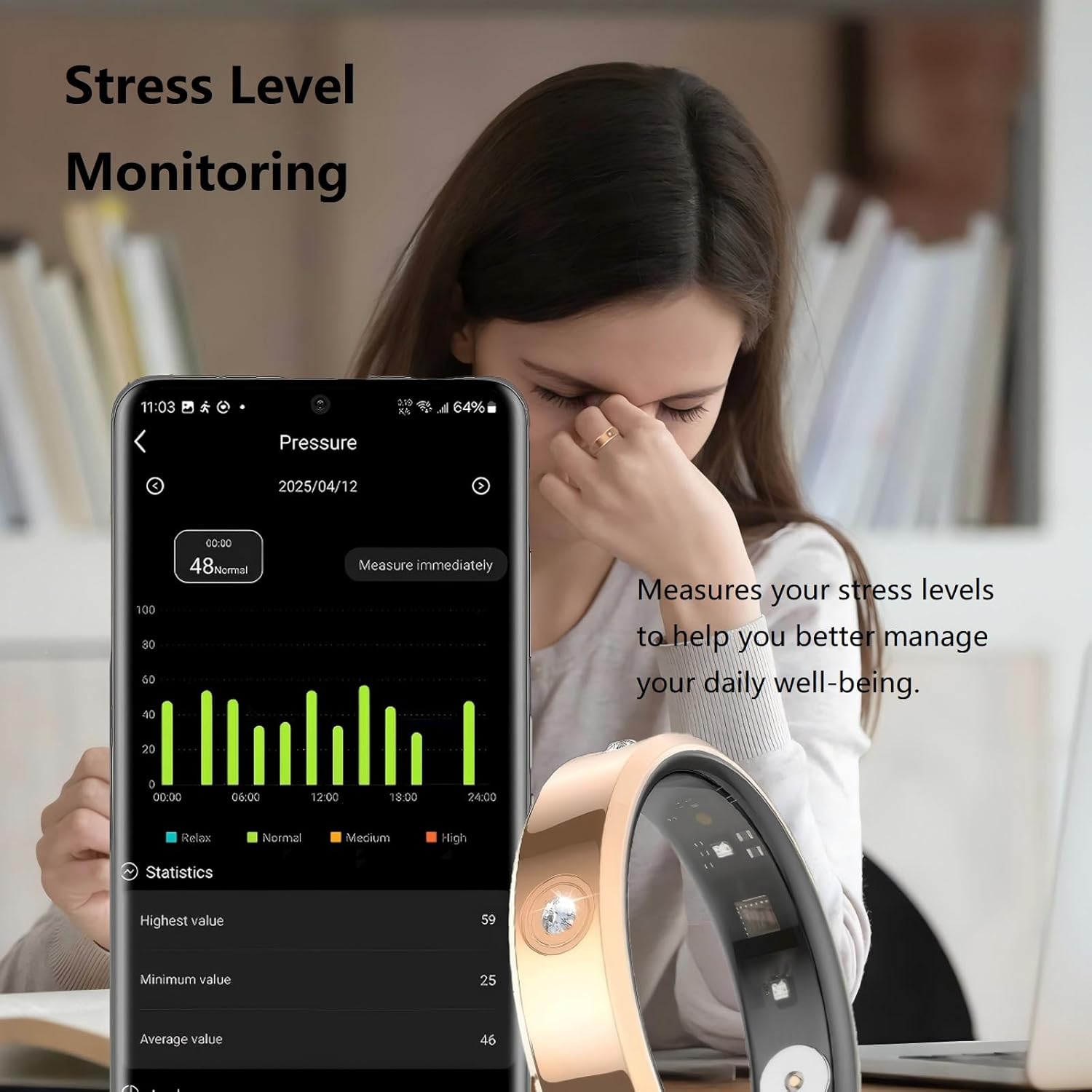 Ladies Smart Ring for Women Health Ring Heart Rate Monitor Sleep Tracker Fitness Tracker Calories Step Counter Pedometer Gesture Control Waterproof Compatible with iOS Android Phones Elegant Ring