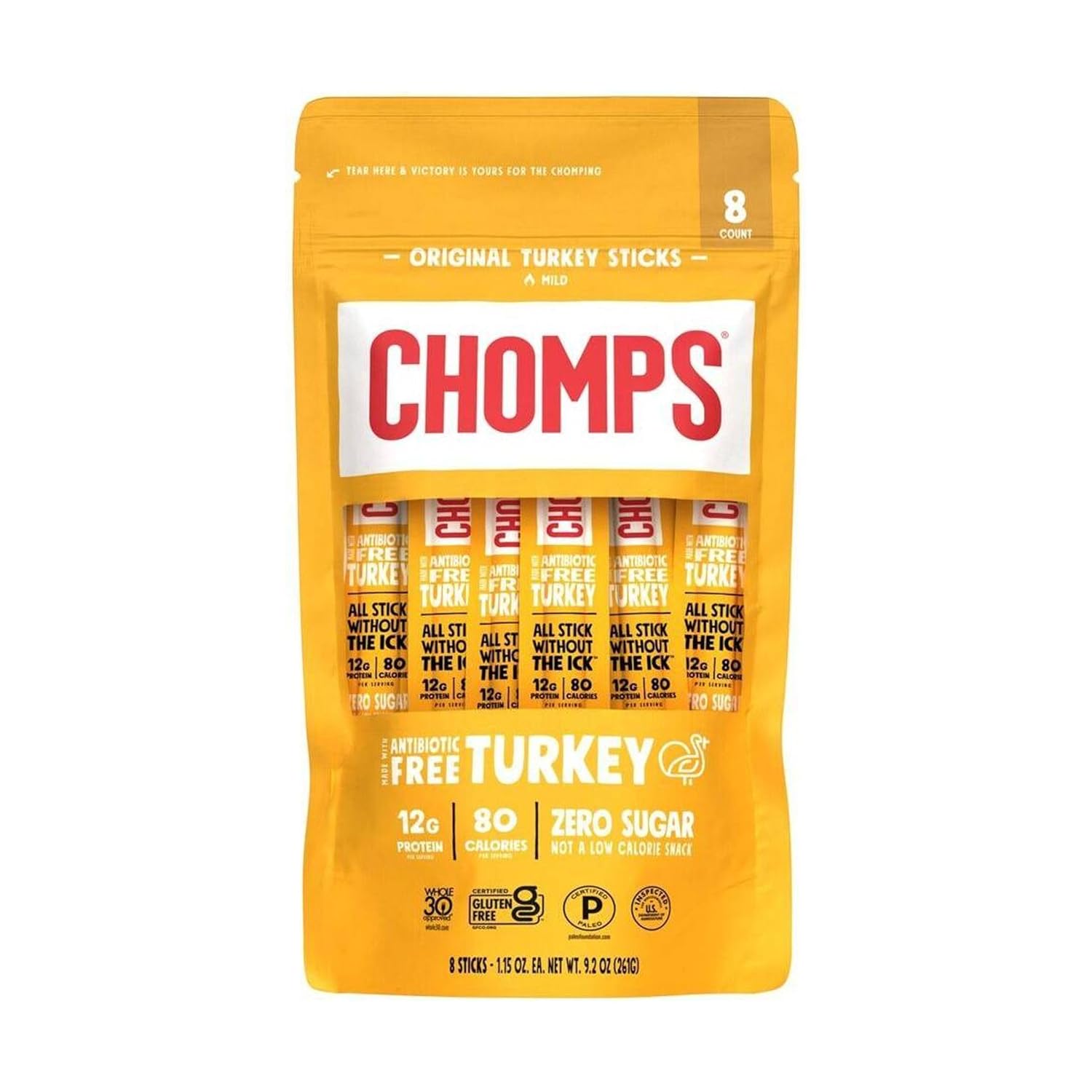 Chomps Original Turkey Sticks 8-Pack 1.15 oz - High Protein Keto Paleo Snacks On-The-Go
