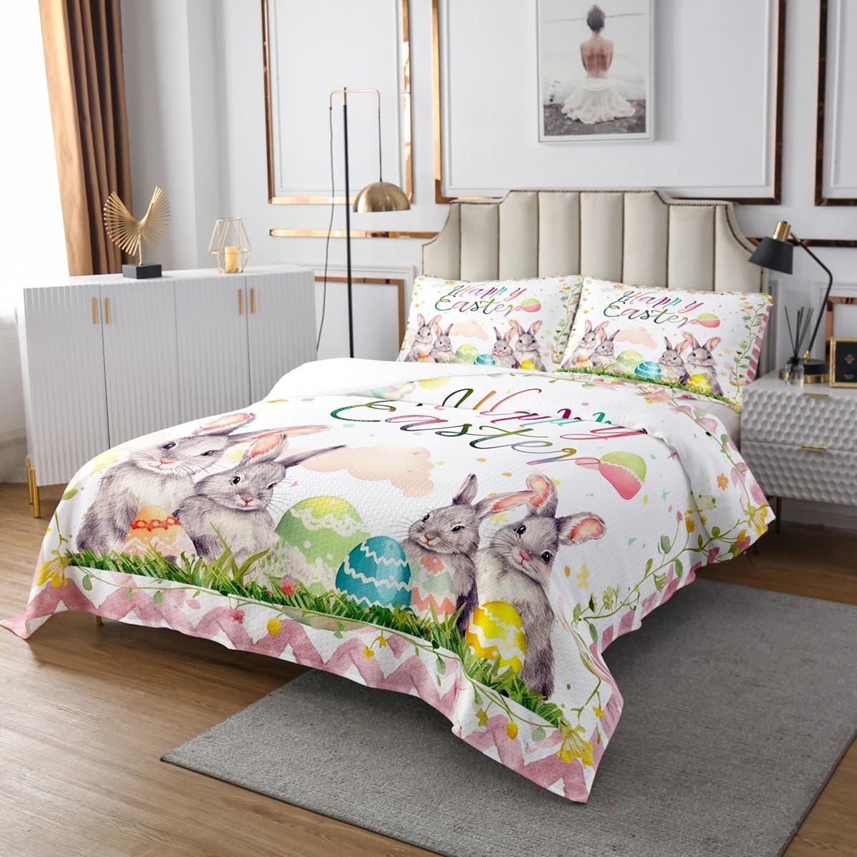 Wesołych Świąt Wielkanocnych Kołdra dla dzieci i chłopców, akwarela, uroczy królik z nadrukiem jajek, zestaw do sypialni, miękka pikowana, Kawaii Lovely Leaves, różowa kołdra z 1 poduszką Sham
