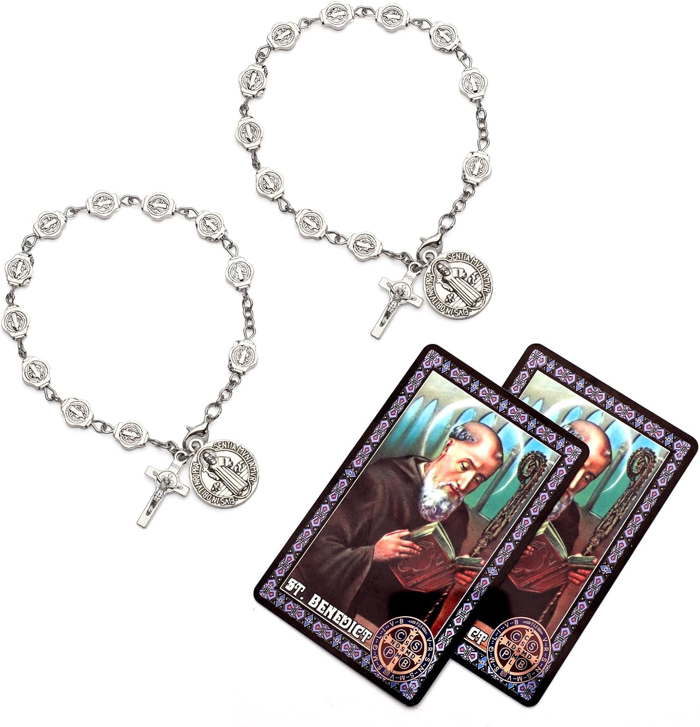 2 Sets St Benedict Bracelets with Saint Benedict Medals and Crucifix,Catholic Rosary Bracelet with Prayer Card for Women Men Gift,Medalla De San Benito Rosary Jewelry