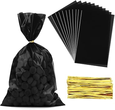 Diueoly Black Cellophane Treat Bags, 100 PCS Clear Black Candy Bags, 6x9 Inch Plastic Transparent Cookie Goodie Bag Gift Snack Treat Bag with Twist Ties for Birthday Party Favor Supplies