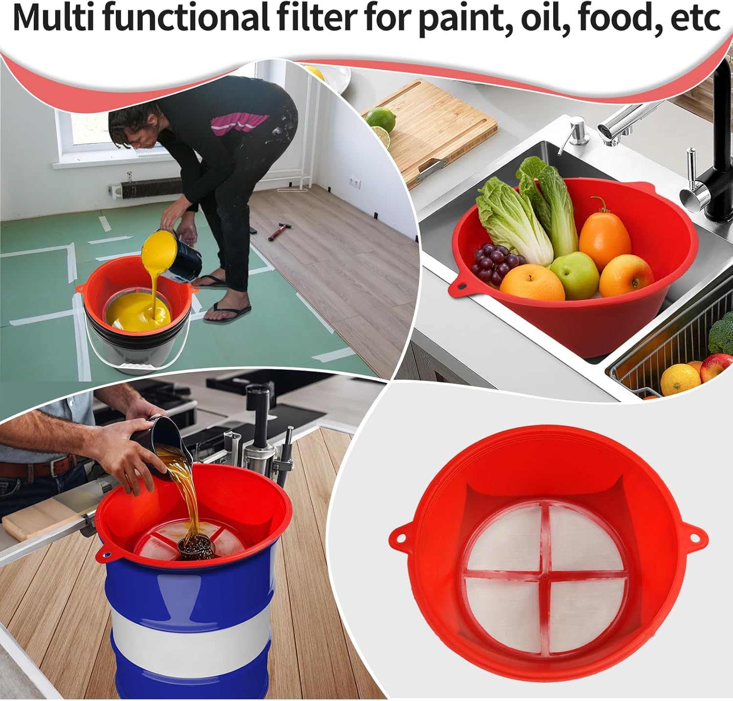 3 Pcs Paint Strainers Reusable Paint Filter 60 Mesh Steel Mesh Net Plastic Filter Cover Fit 5 Gallon Paint Bucket Cans for Filter Paint, Oil and Food